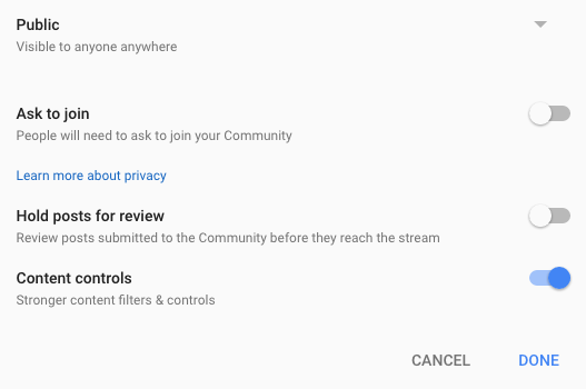 Google Plus Community Setup Page