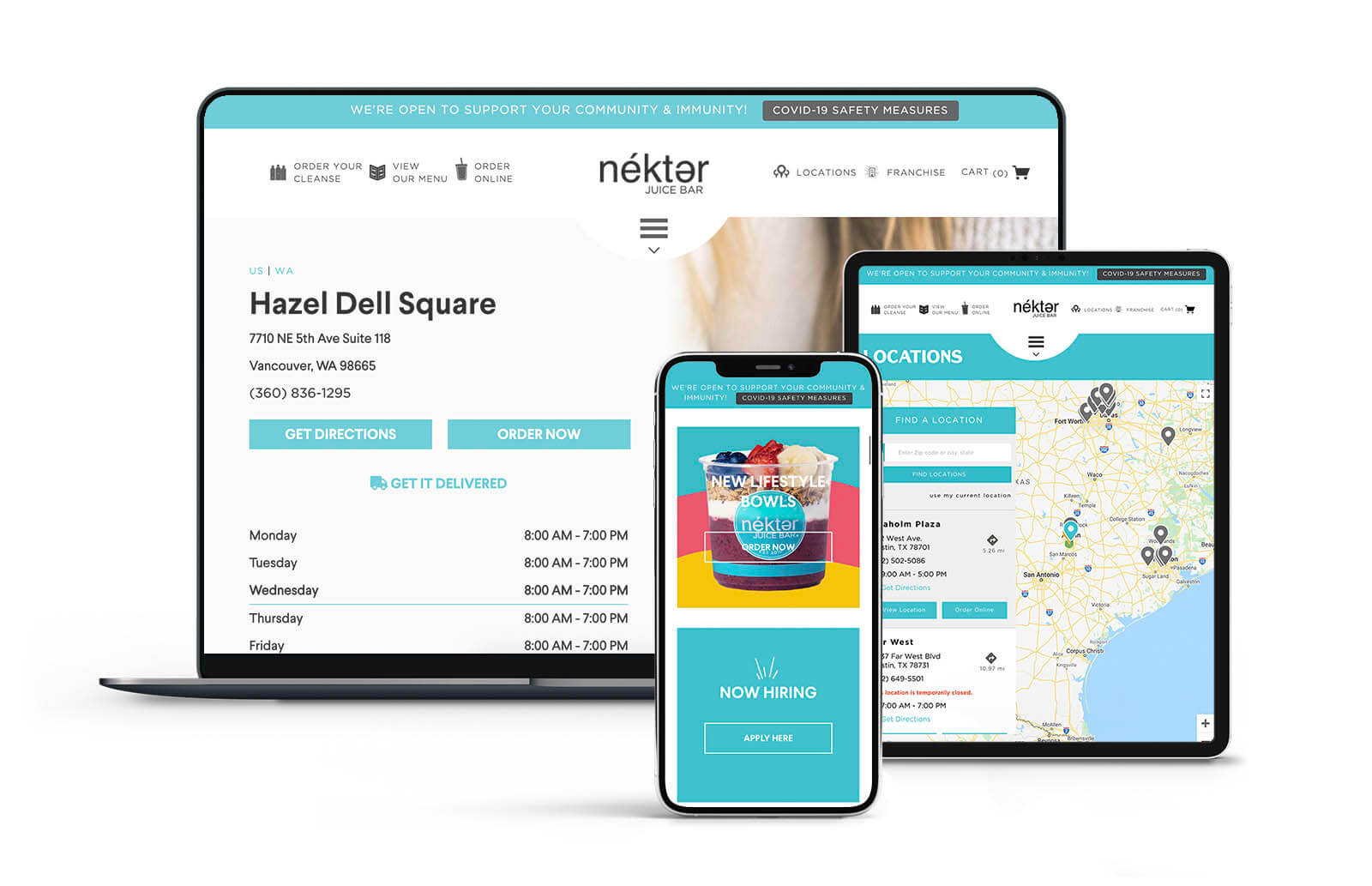 Example of Nekter Juice Bar's local pages and store locator across a laptop, smartphone, and tablet