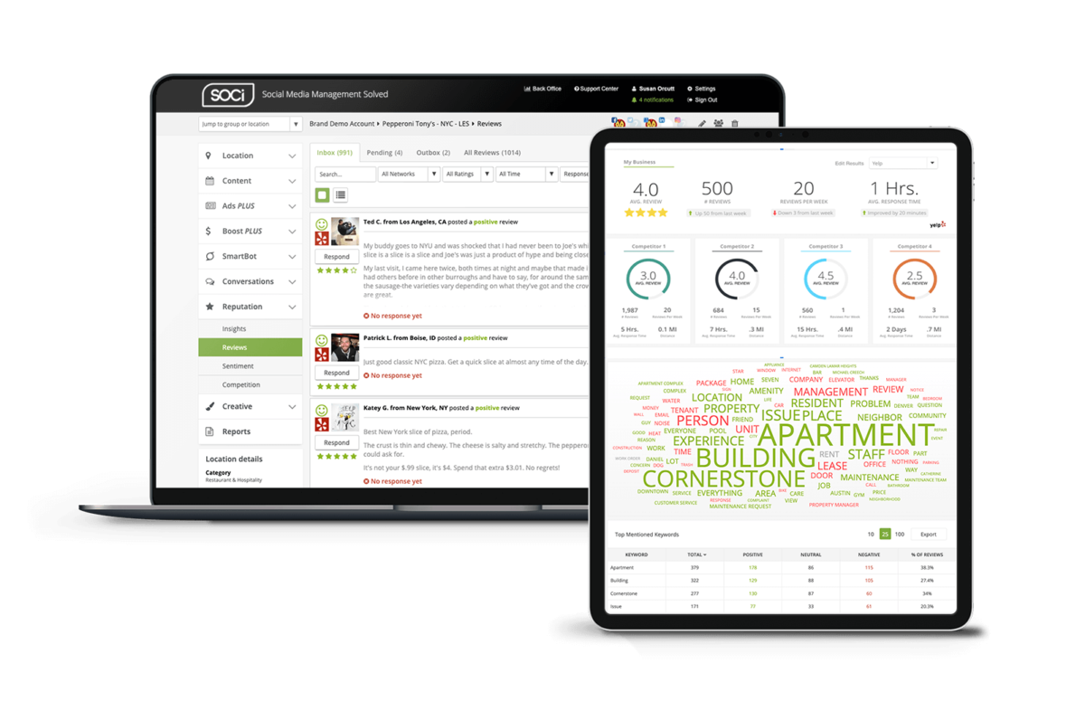 A laptop in the background showing multiple reviews on SOCi’s review platform and a tablet showing keywords in a businesses’ reviews and sentiment analysis