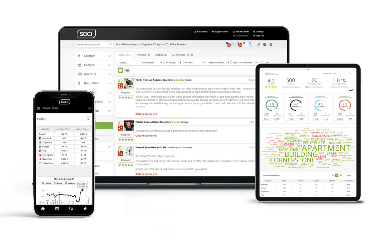An iphone, ipad, and computer screen highlighting SOCi's reviews solution