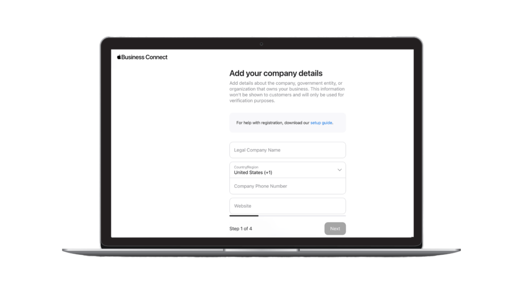 A computer screen showing the form to add in your business information with Apple Business Connect