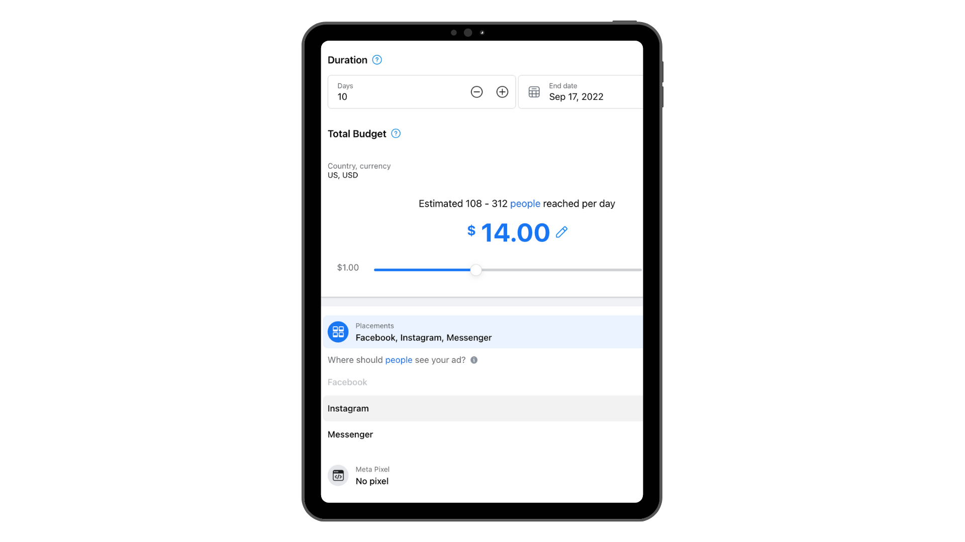 Facebook boosting post duration and budet on layout. A large $14.00 per day and pay scale displayed