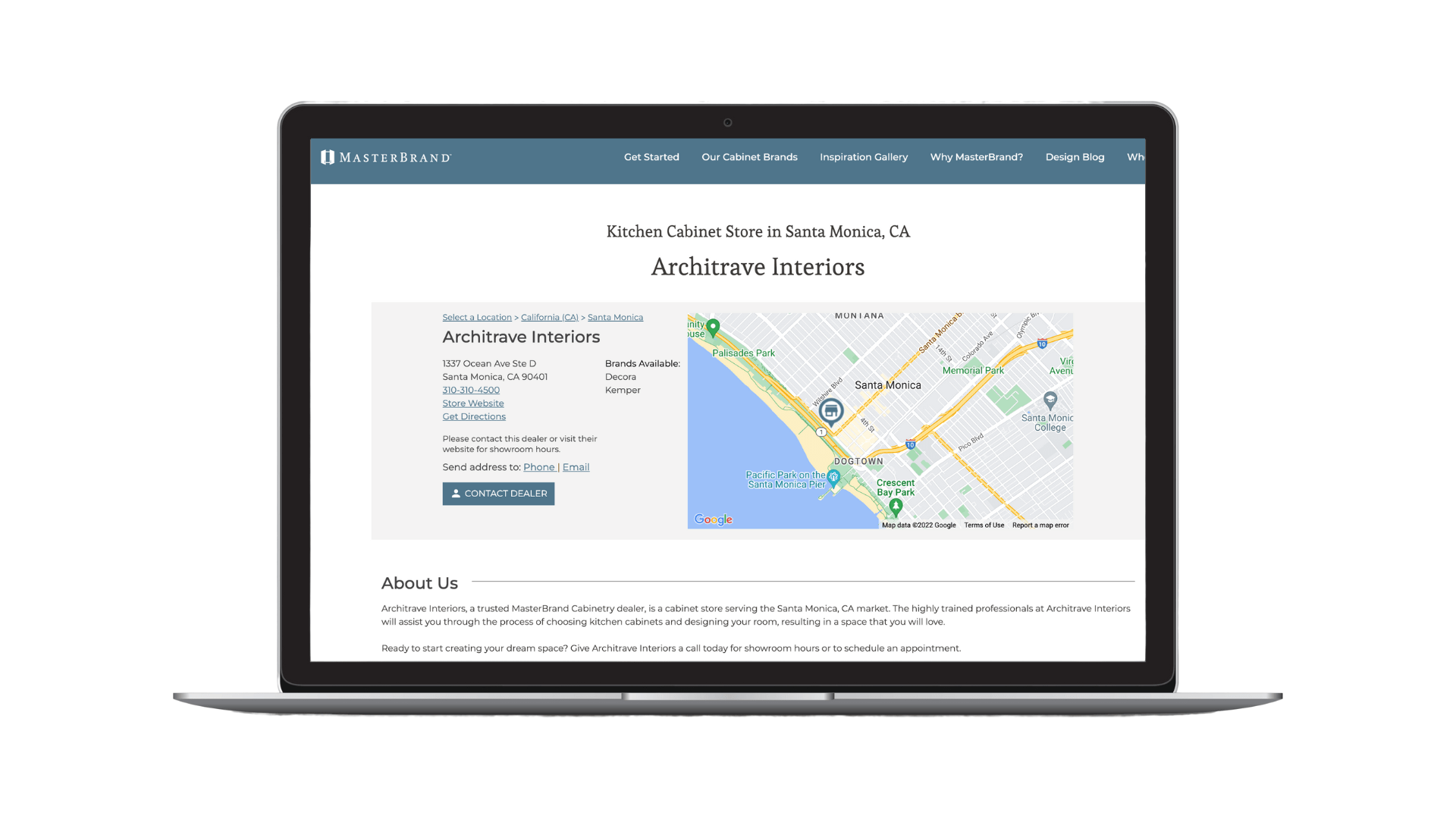 Example of Kitchen Cabinets local landing page showing a map of a dealer in Santa Monica, CA and business information