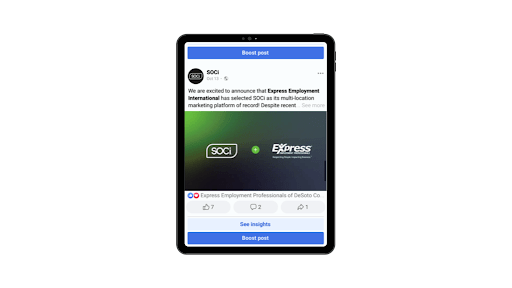 A screenshot of a SOCi Facebook post with the option to "boost post" 
