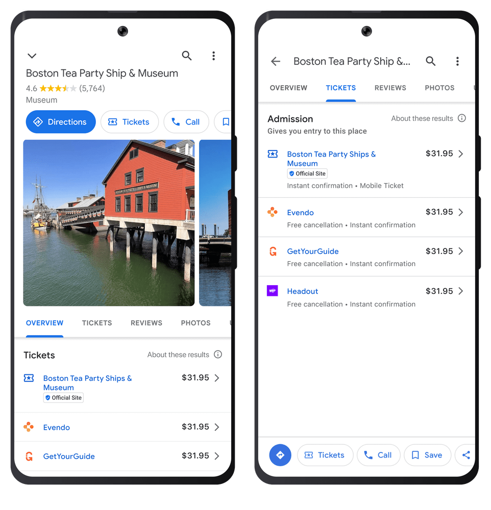 two smartphones side by side one showing a search results for a museum the other showing different ticket prices