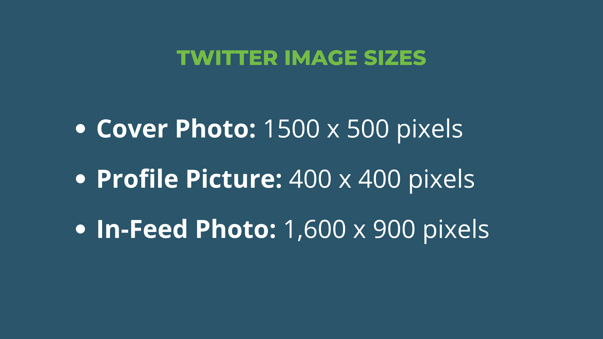 A navy chart with green and white text showing what sizes the different types of Facebook and Instagram images should be on Twitter