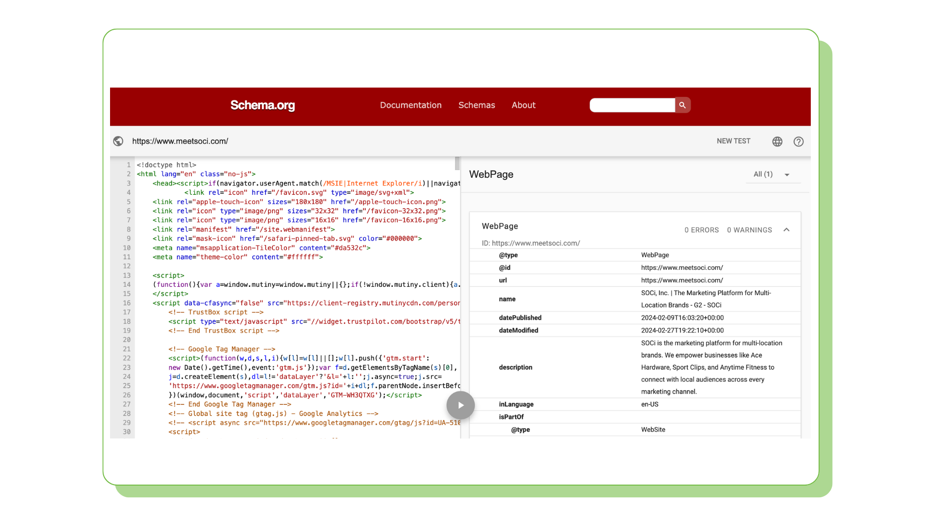 Schema markup example from schema.org for SOCi's home page showing the HTML code and schema notations.