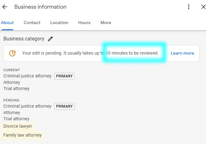 An image from the backend of Google Business Profile highlighting that Google now shows how long it'll take for an edit to a profile to be processed