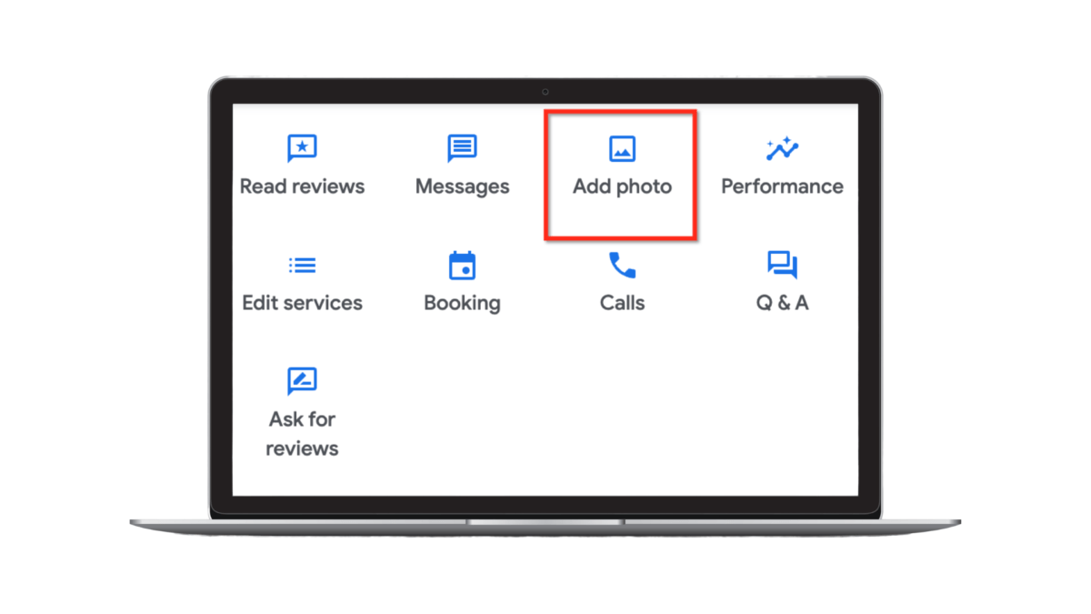 Screenshot of how to add a photo to your google business profile on laptop overlay