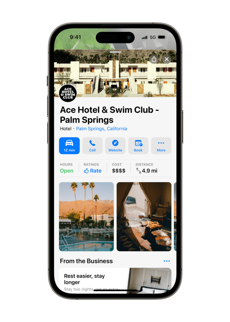 Apple Business Connect Example of a hotel laid out on iPhone