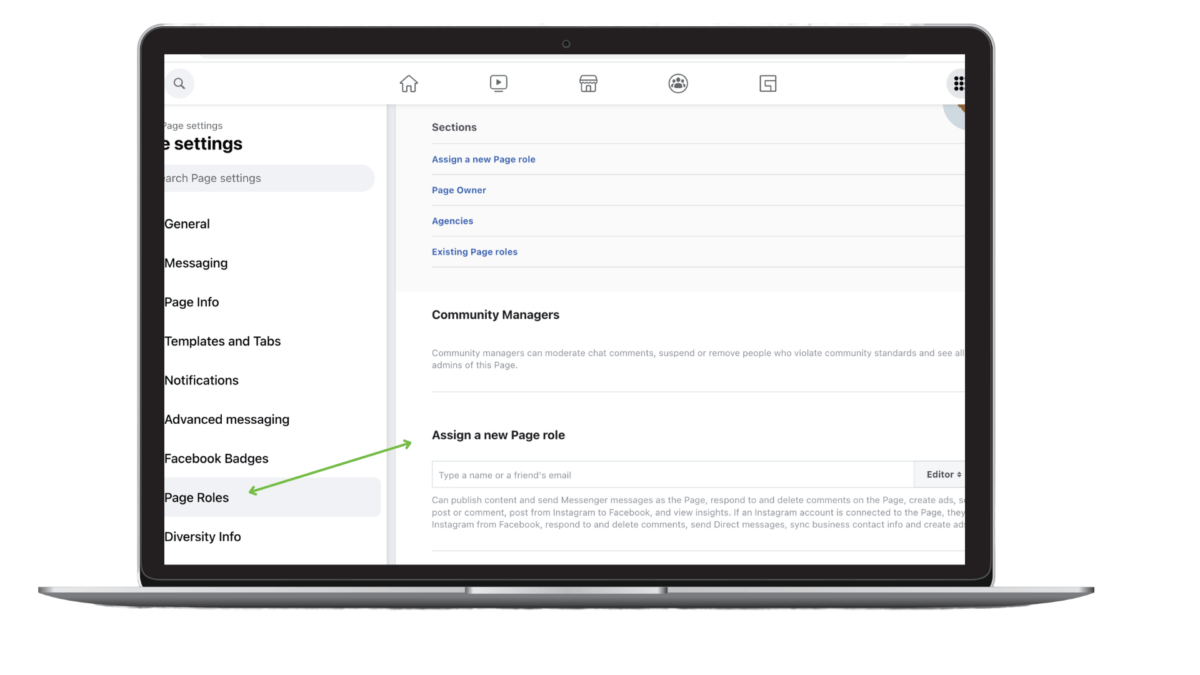 A computer screen highlighting where to find "Page Roles" in your settings on Facebook