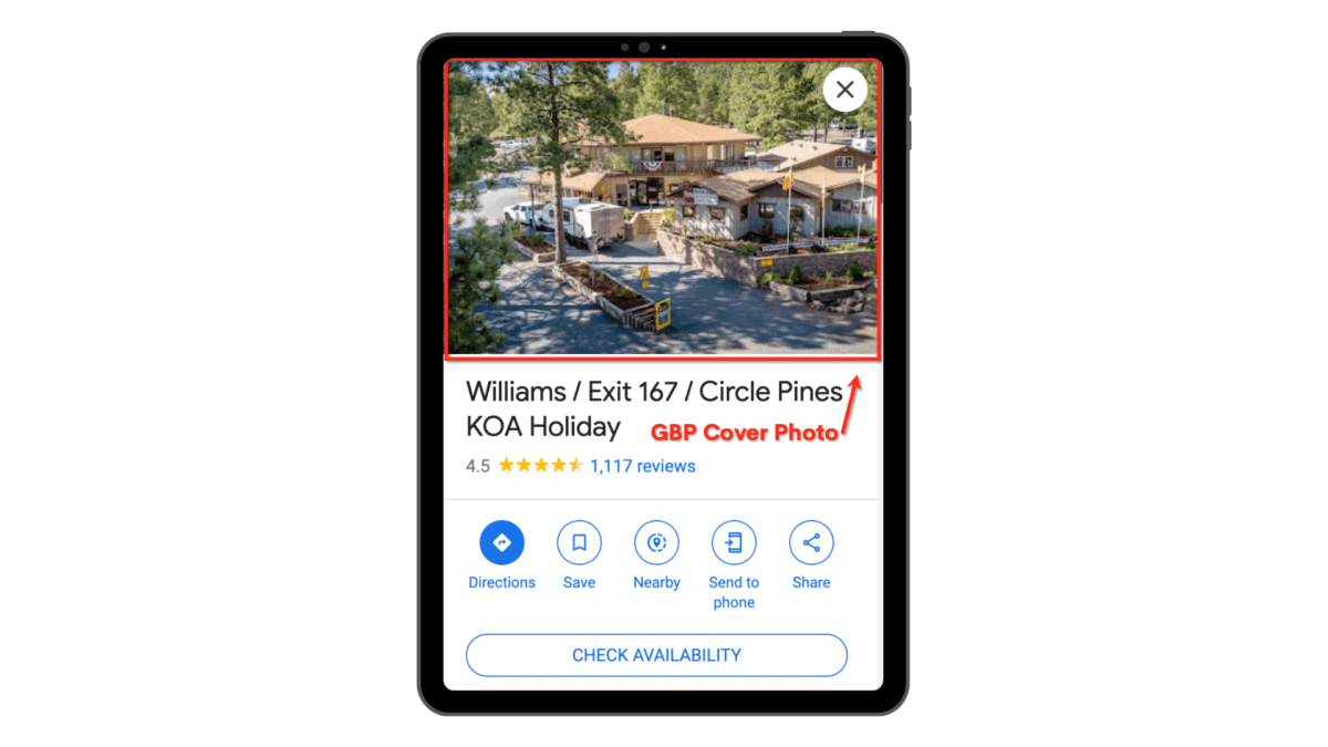 Google Business Profile Cover Photo Example of KOA Annotated - Tablet Overlay