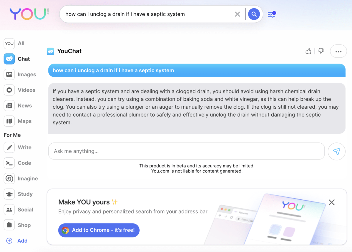 A computer screen showing how "YouChat" answers the question "how can I unclog a drain if I have a septic system"