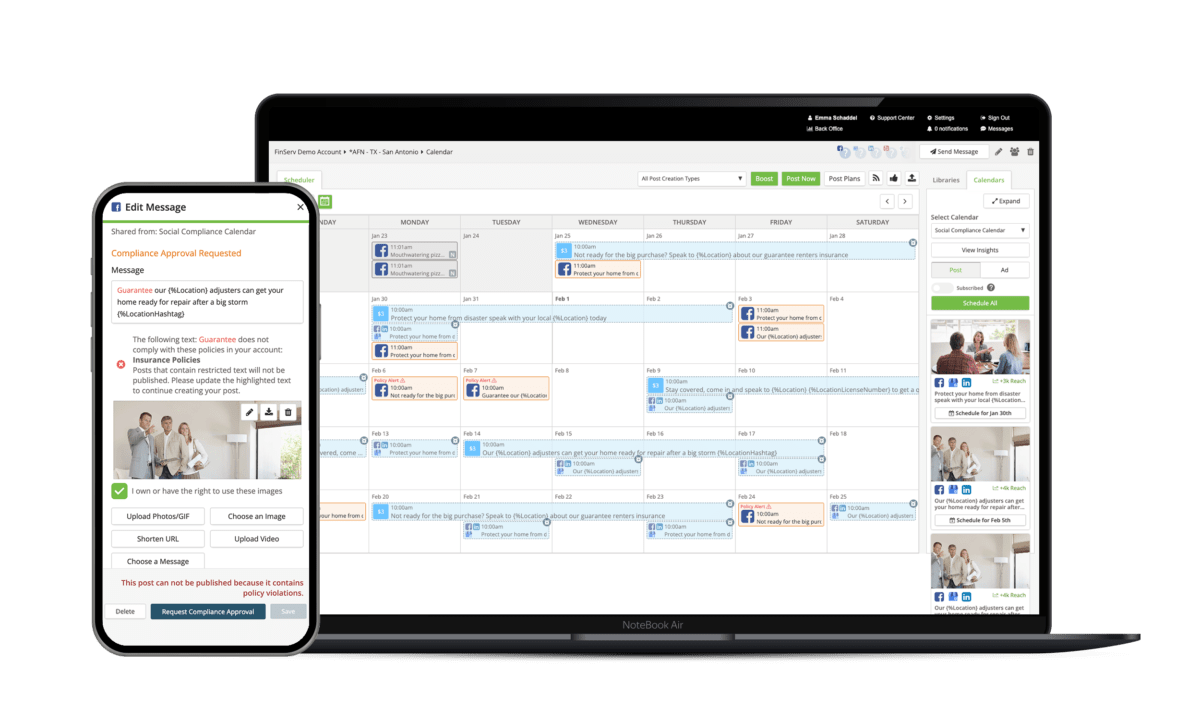 A product screenshot of SOCi's social compliance solution on both an i-phone and laptop