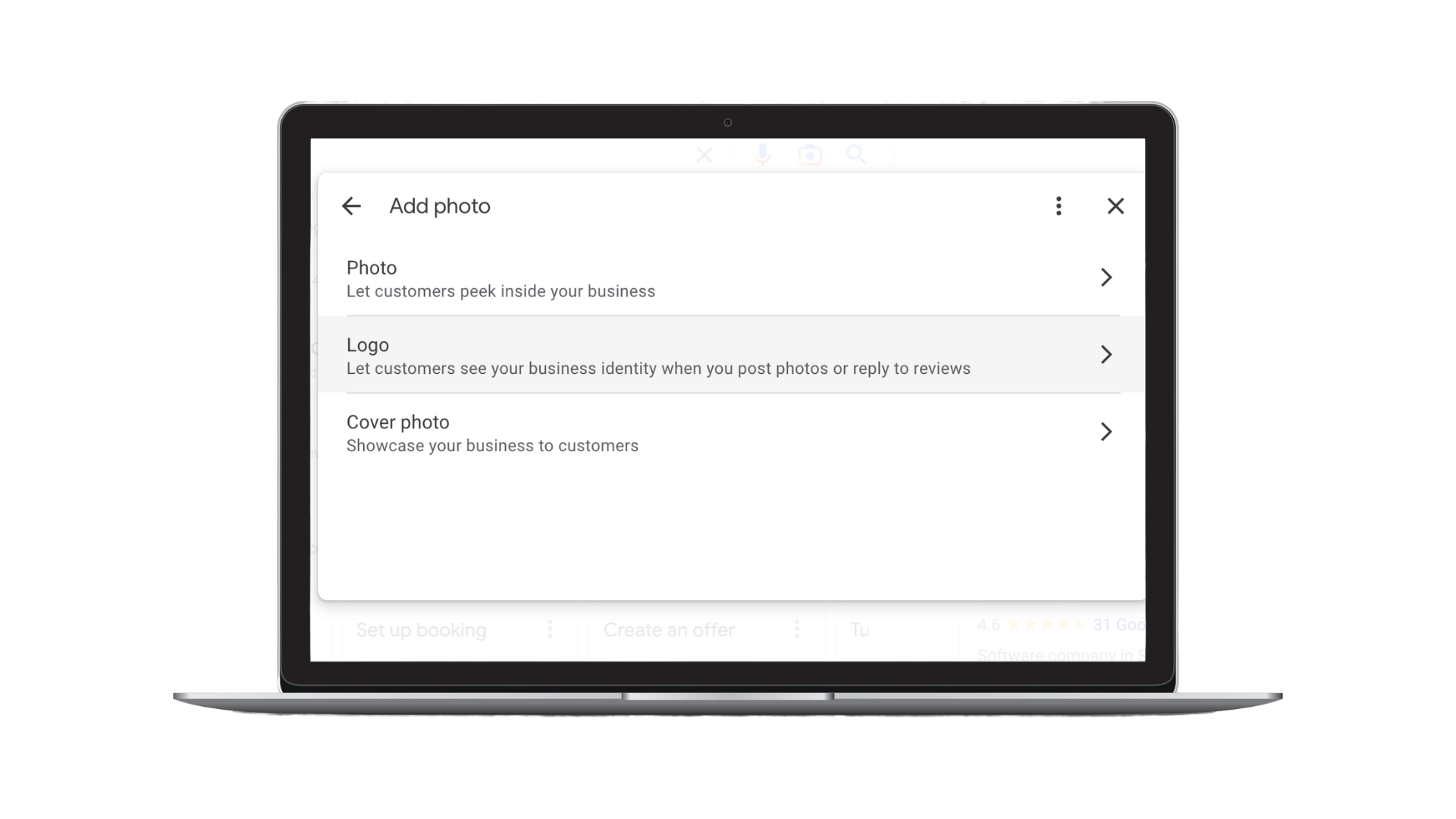 Screenshot on a laptop of how to add a logo photo to your google business profile from the three options