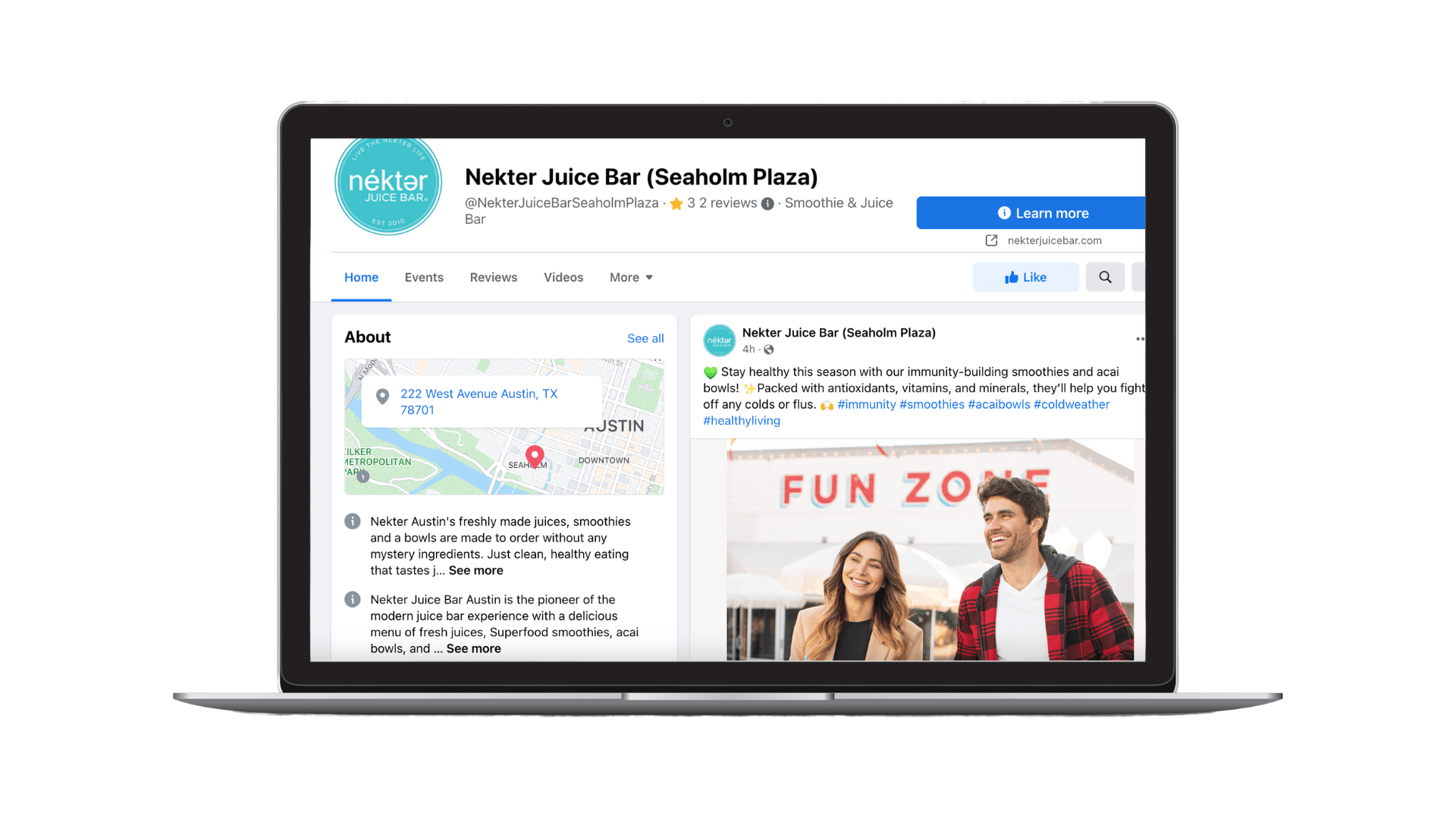 An image of a local store page on Facebook for Nekter Juice Bar