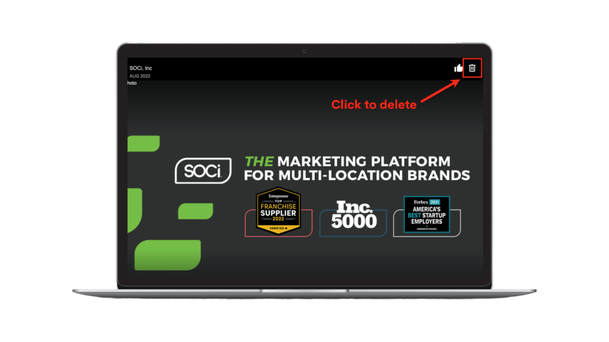 Example of how to delete an owner image on your Google Business Profile. It's a SOCi cover photo with our logo, white text, and our awards and a trash icon in the top-right corner with red text saying click to delete.