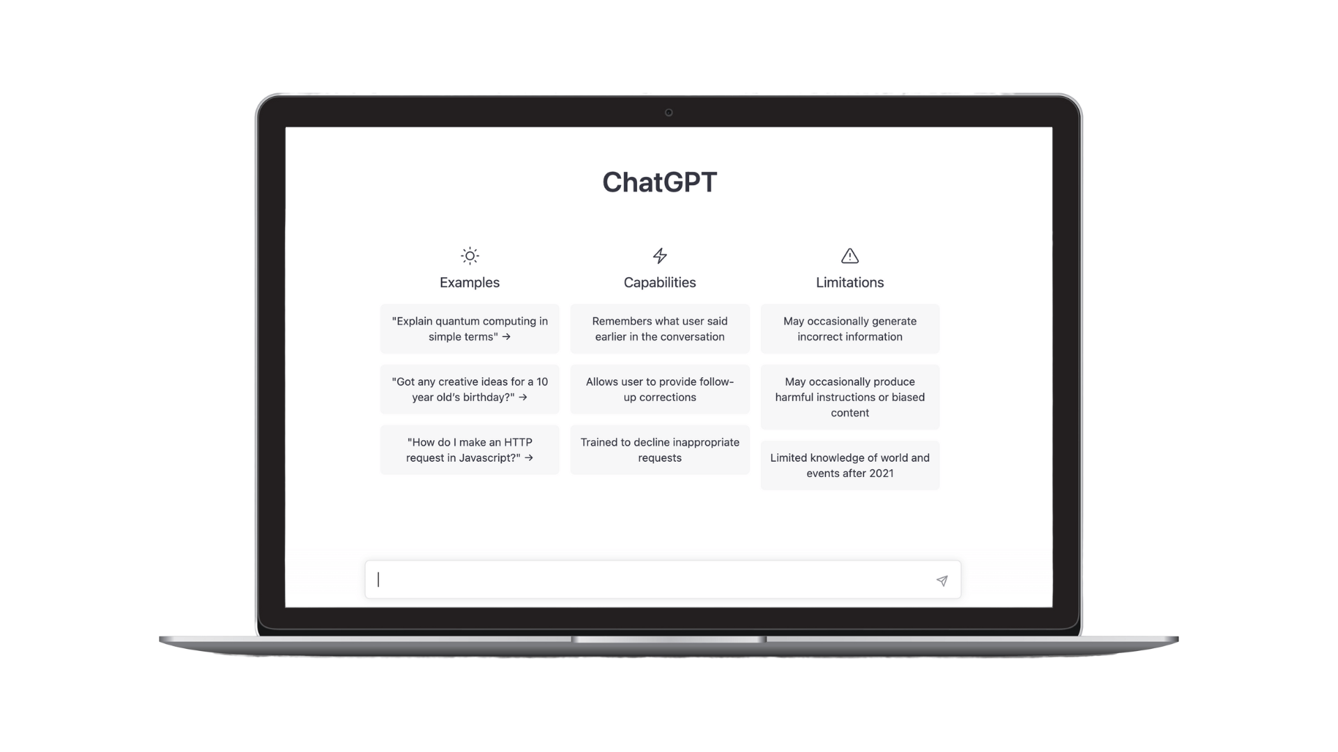 A computer screen displaying the limitations and capabilities of ChatGPT