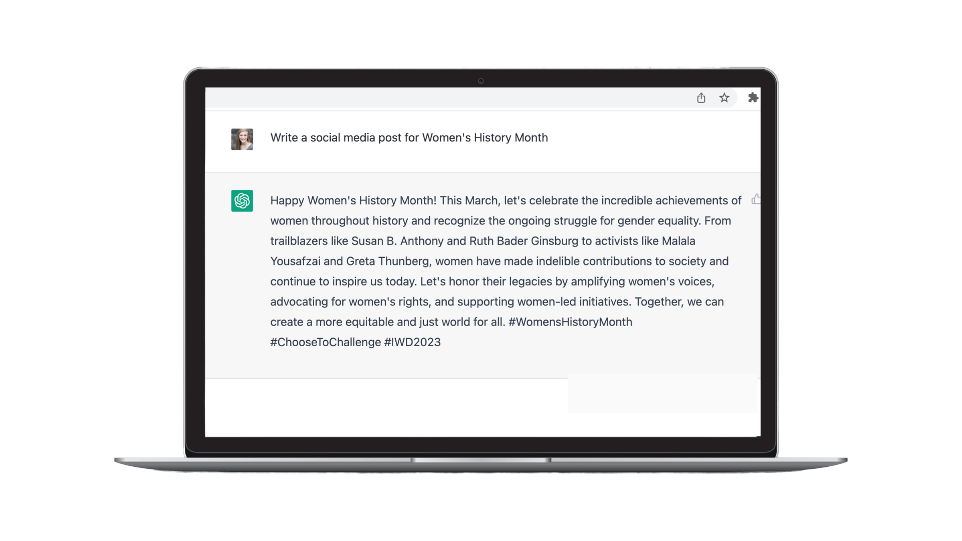 An image showing ChatGPT's results for "write a social media post for Women's History Month"