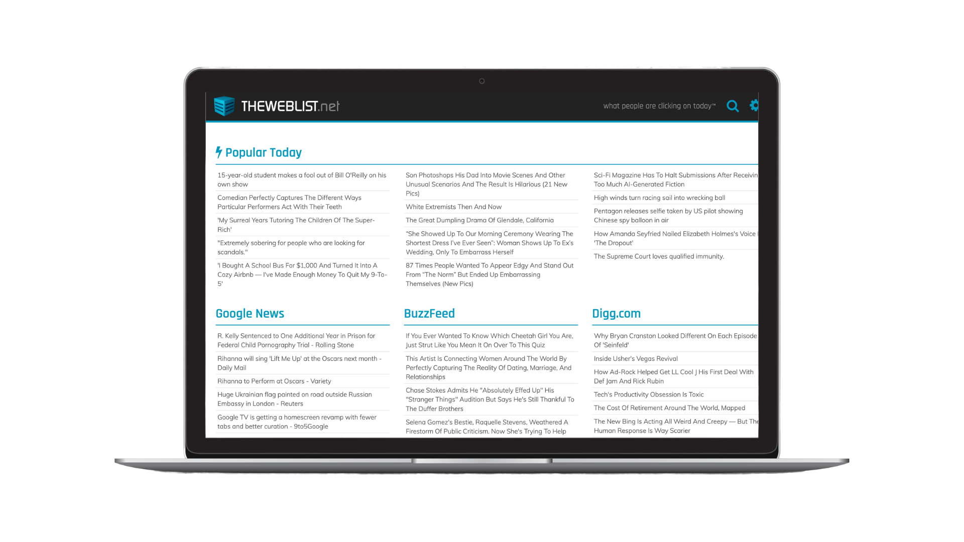 Example of an aggregator site showing a list of news articles overlaid on a laptop