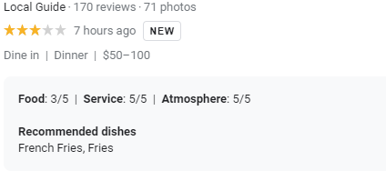 An image showing how Google now displays recommended dishes to reviews for restaurants