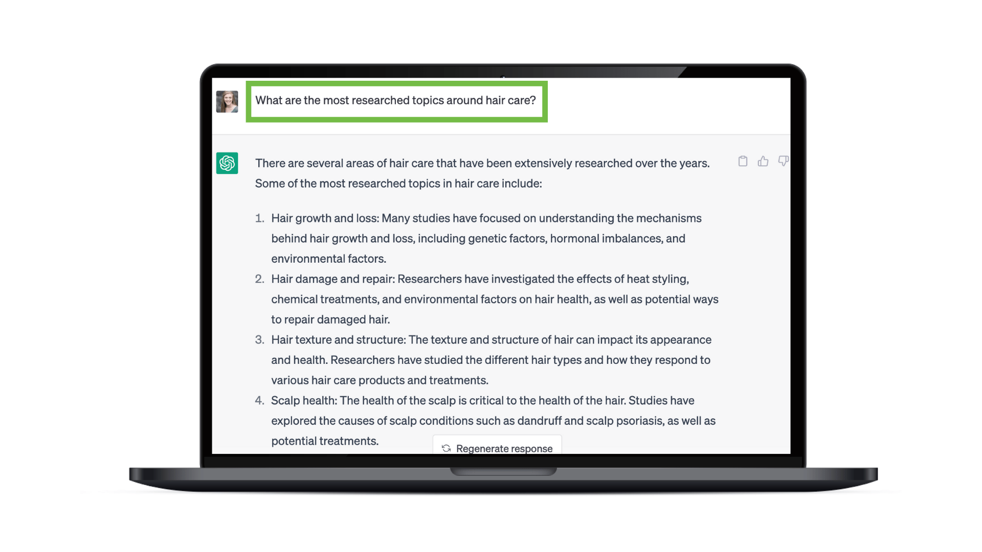 An example of ChatGPT's results for the most searched topics around hair care