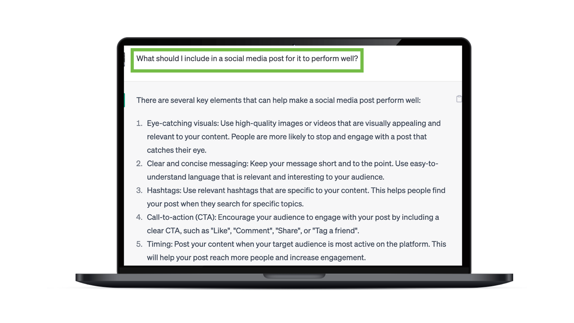 An image of ChatGPT explaining what to include in a social post for it to perform well 