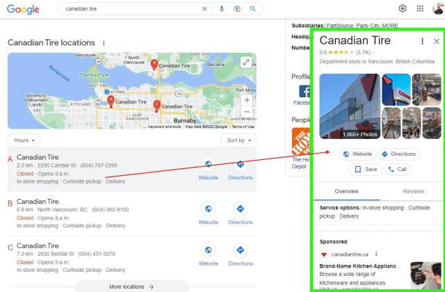 An image showcasing some of the experimental features now being tested in the Google 3-Pack for the search "Canadian tire"