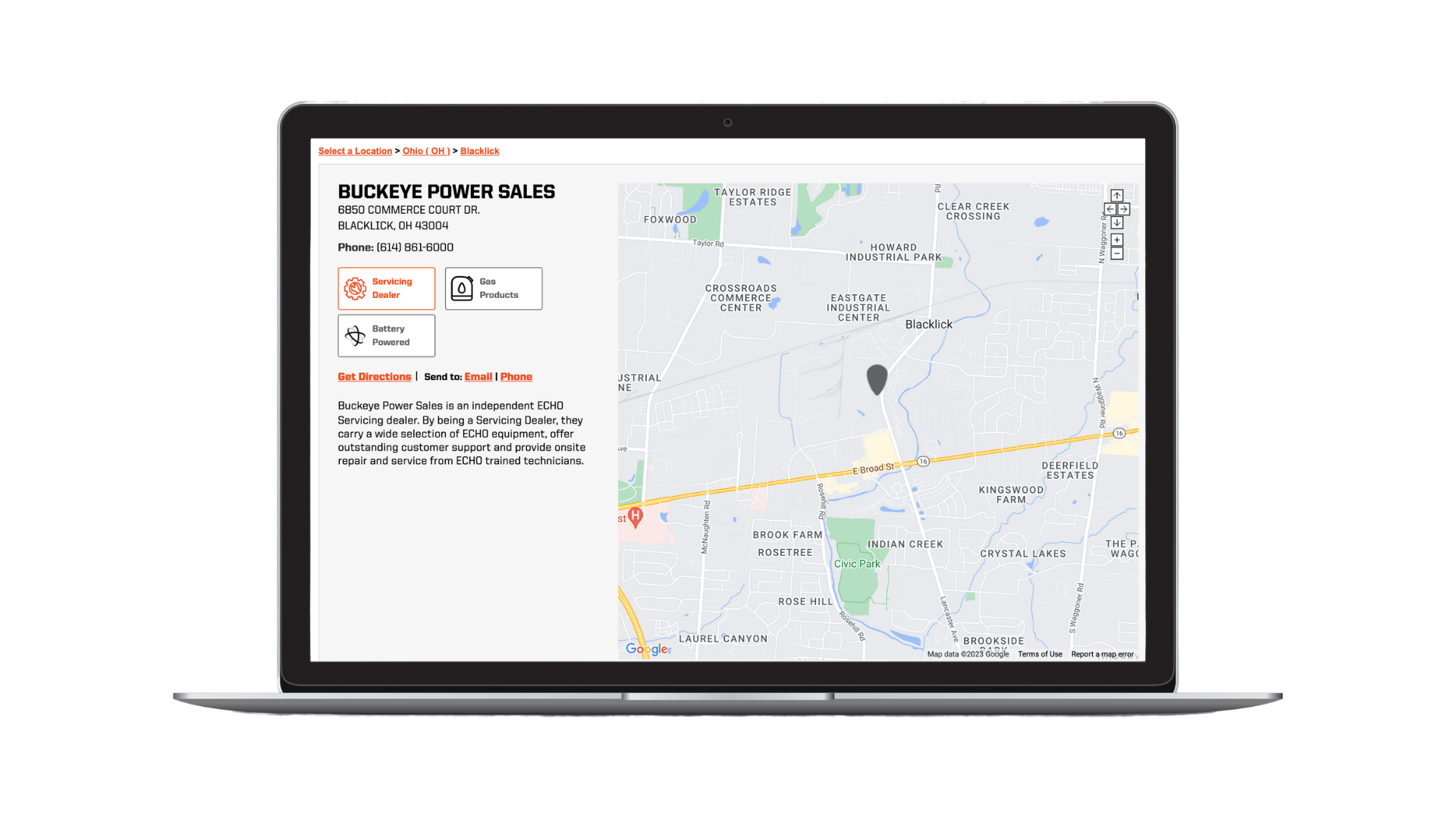 Echo-USA dealer local page overlaid on a macbook showing a dealer and apple maps pin