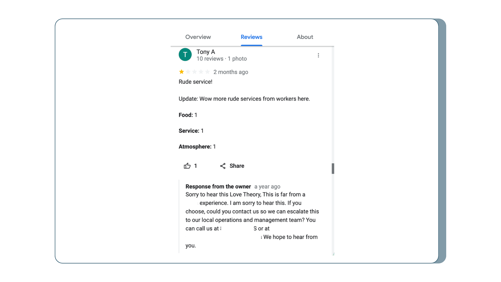 Example of a negative review on Google Business Profile (GBP) and response from the owner