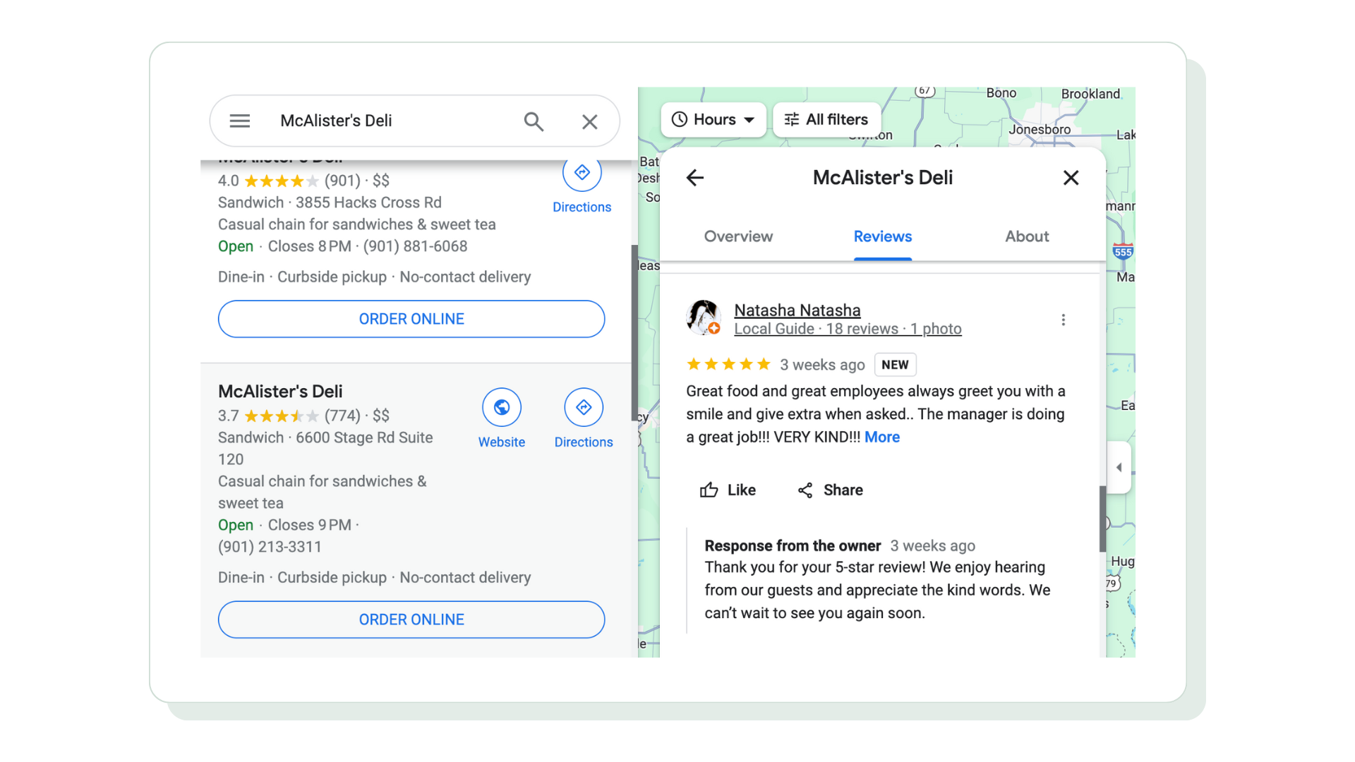 Example of a Google Business Profile (GBP) review and response on Google Maps from McAlister’s Deli