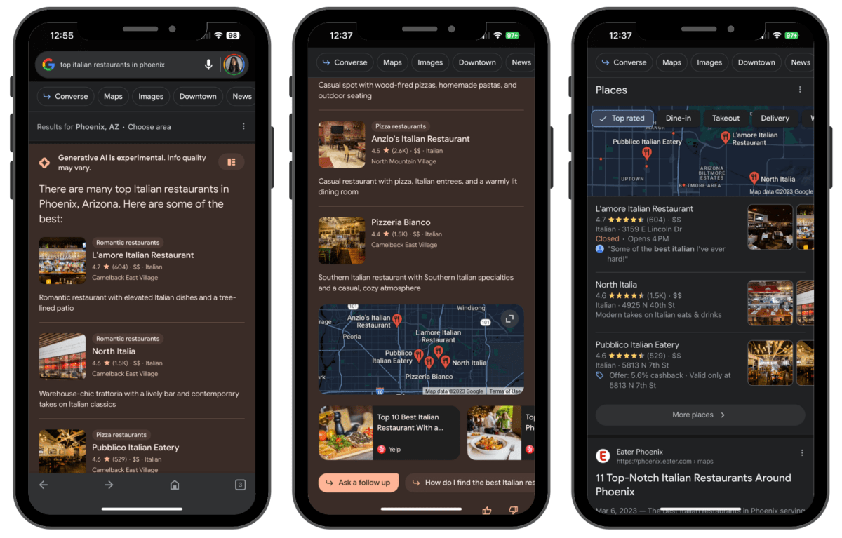 An example of a Search Generative Experience on mobile for the query "top Italian restaurants"