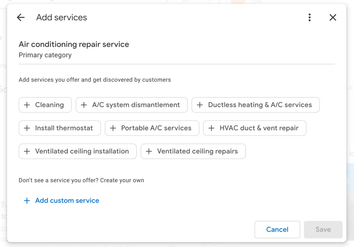 An image of a GBP showing services you can add related to air conditioning repair service