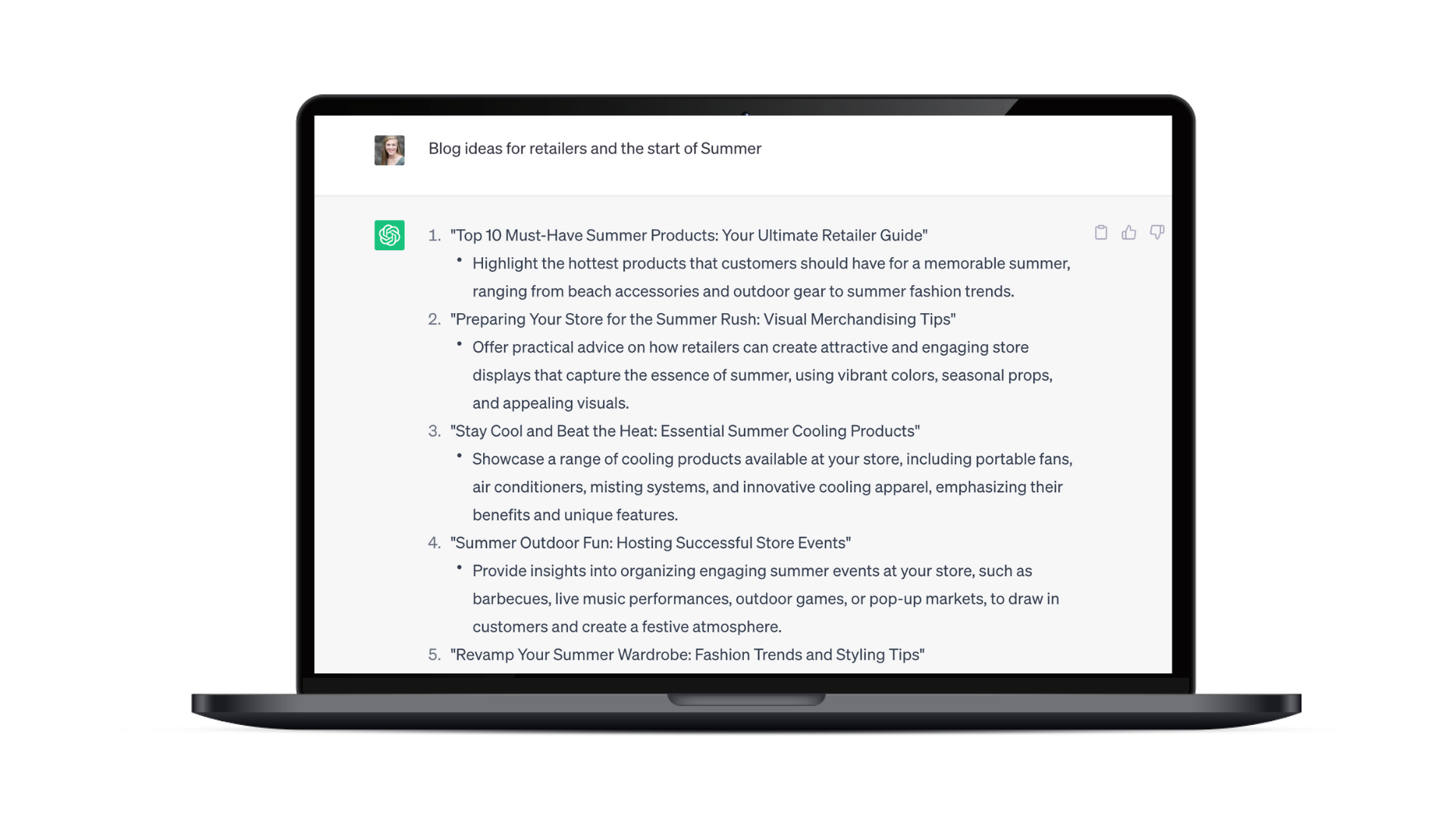 A computer screen showing the responses ChatGPT provides when asked to share blog ideas for retailers at the start of summer