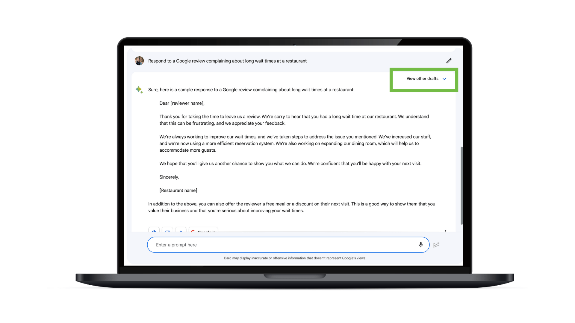 An example of Google's Bard responding to the prompt "Respond to a review complaining about a long wait time at a restaurant"