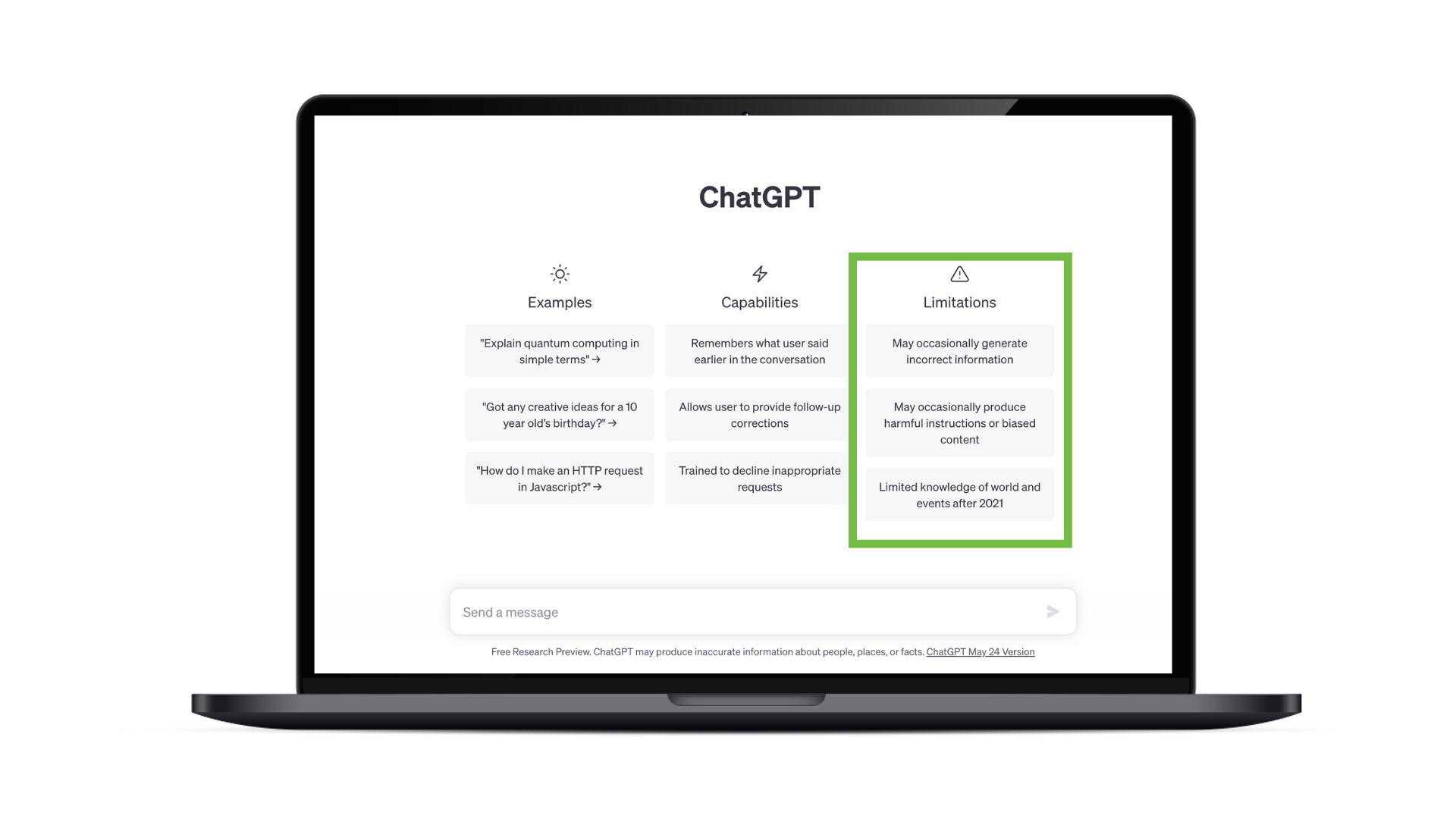 A computer screen highlighting information about what ChatGPT does and its limitations