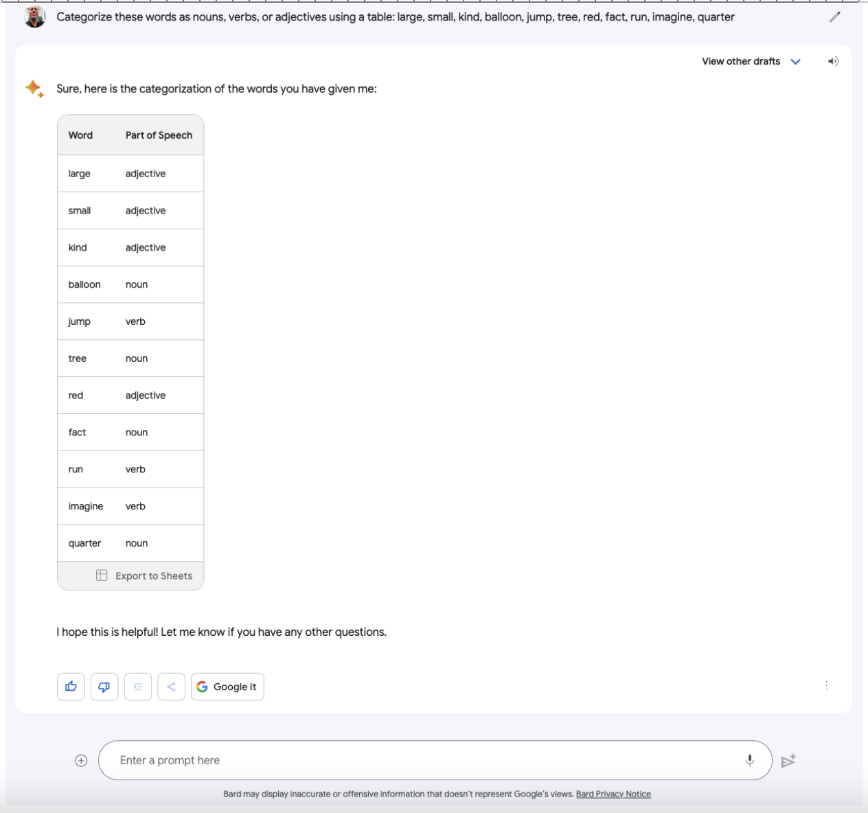 Google’s Bard chatbot performs a simple data organization task and offers a helpful link to export the result to Google Sheets.