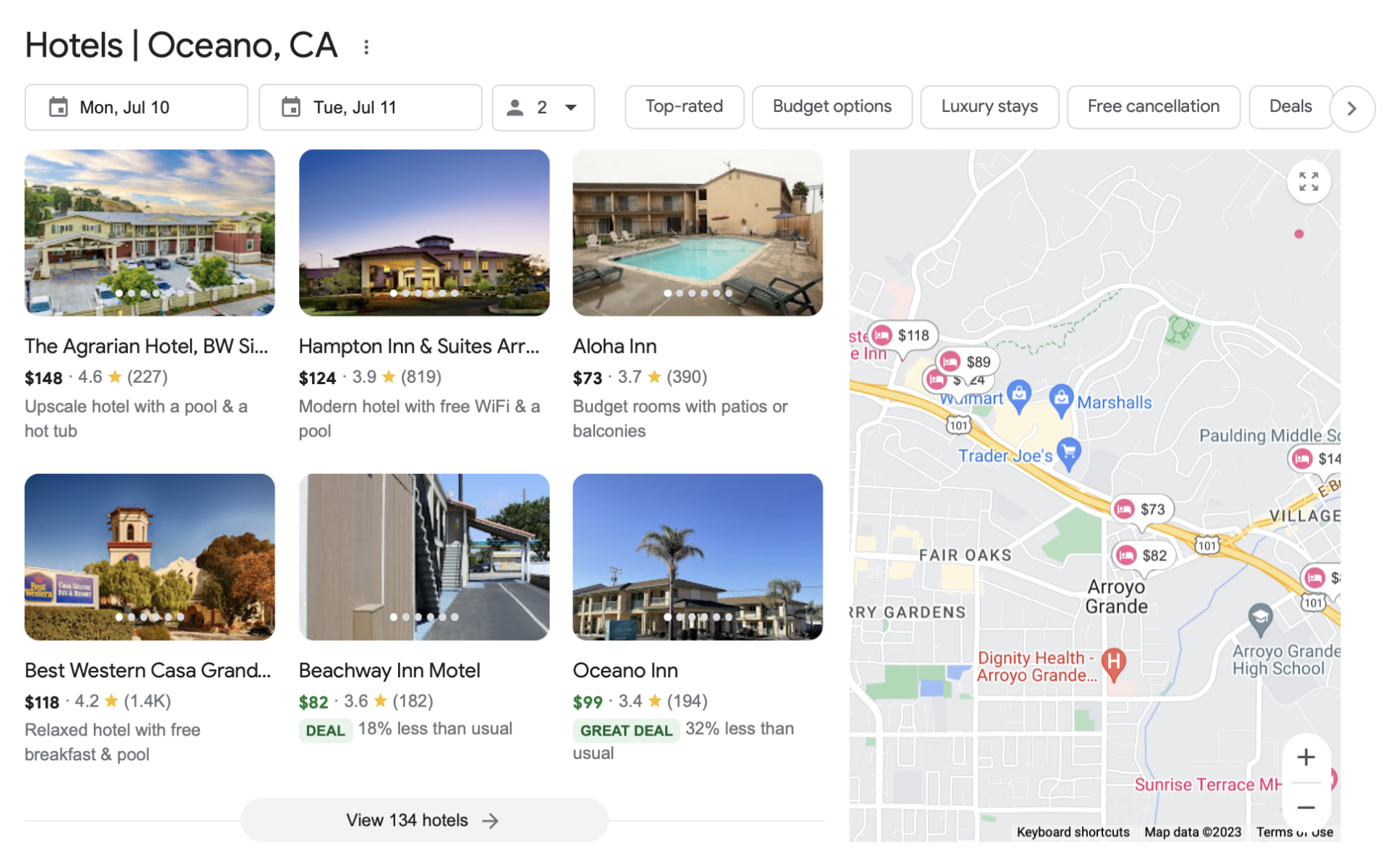 An example showing a Google 6-pack for a search for hotels in Oceano California