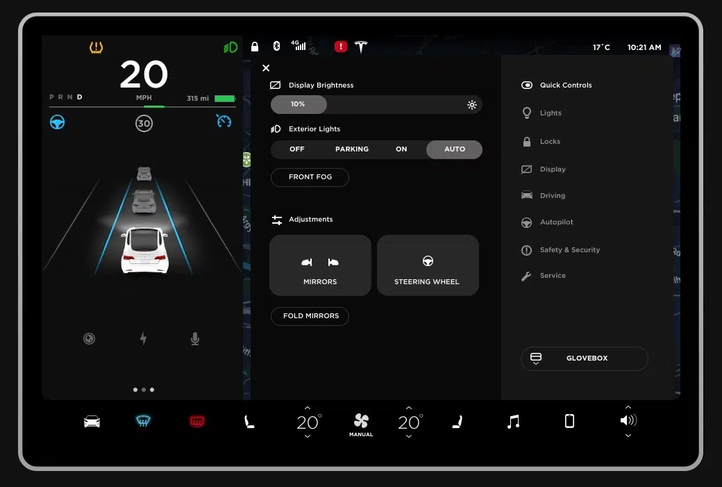 Example of a Tesla navigational map from inside the car showing a road different button all on a black screen.