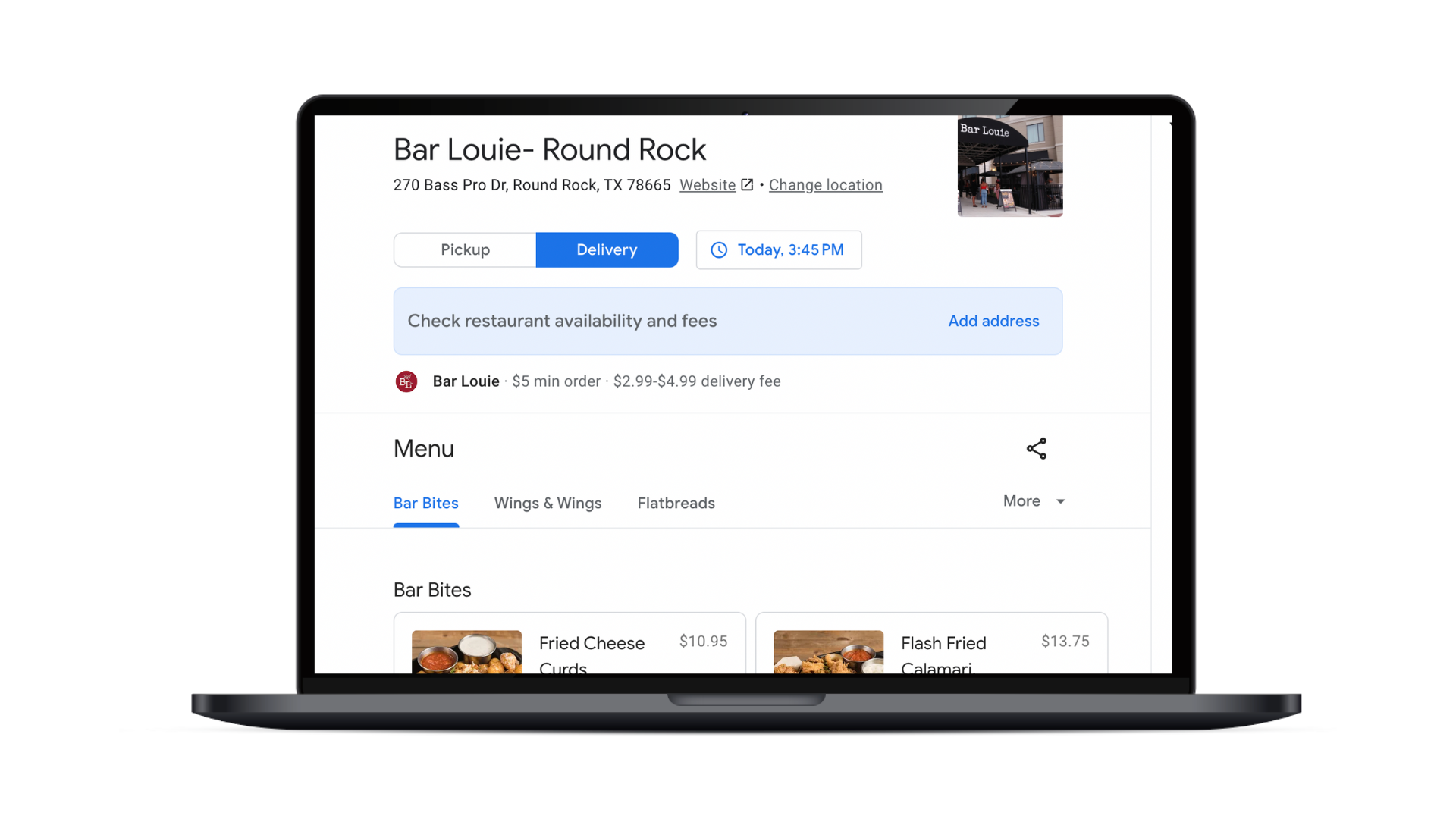 An example of Bar Louie's local listings with food delivery integrations