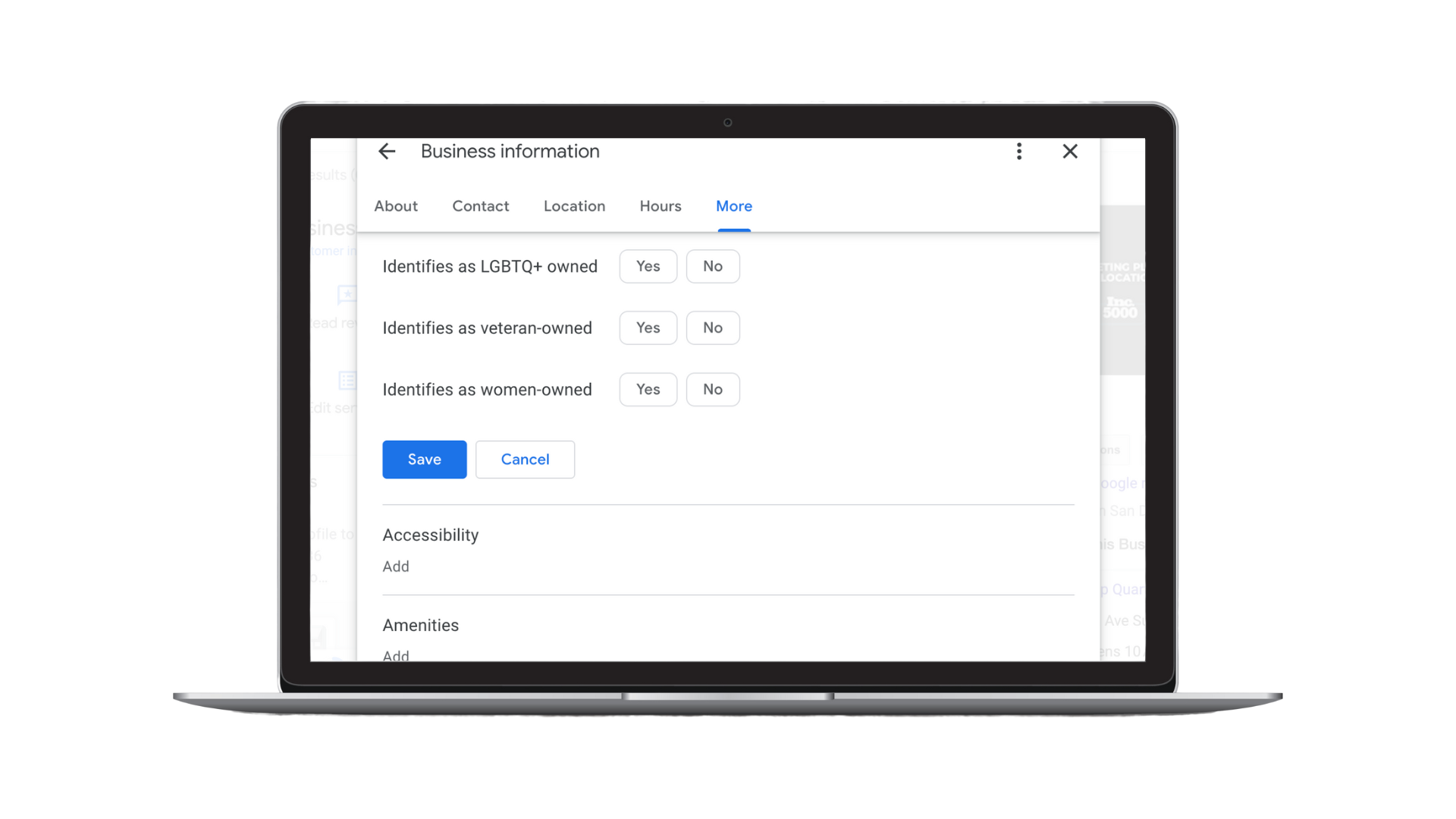 Screenshot of adding attributes to a Google Business Profile overlaid on a laptop