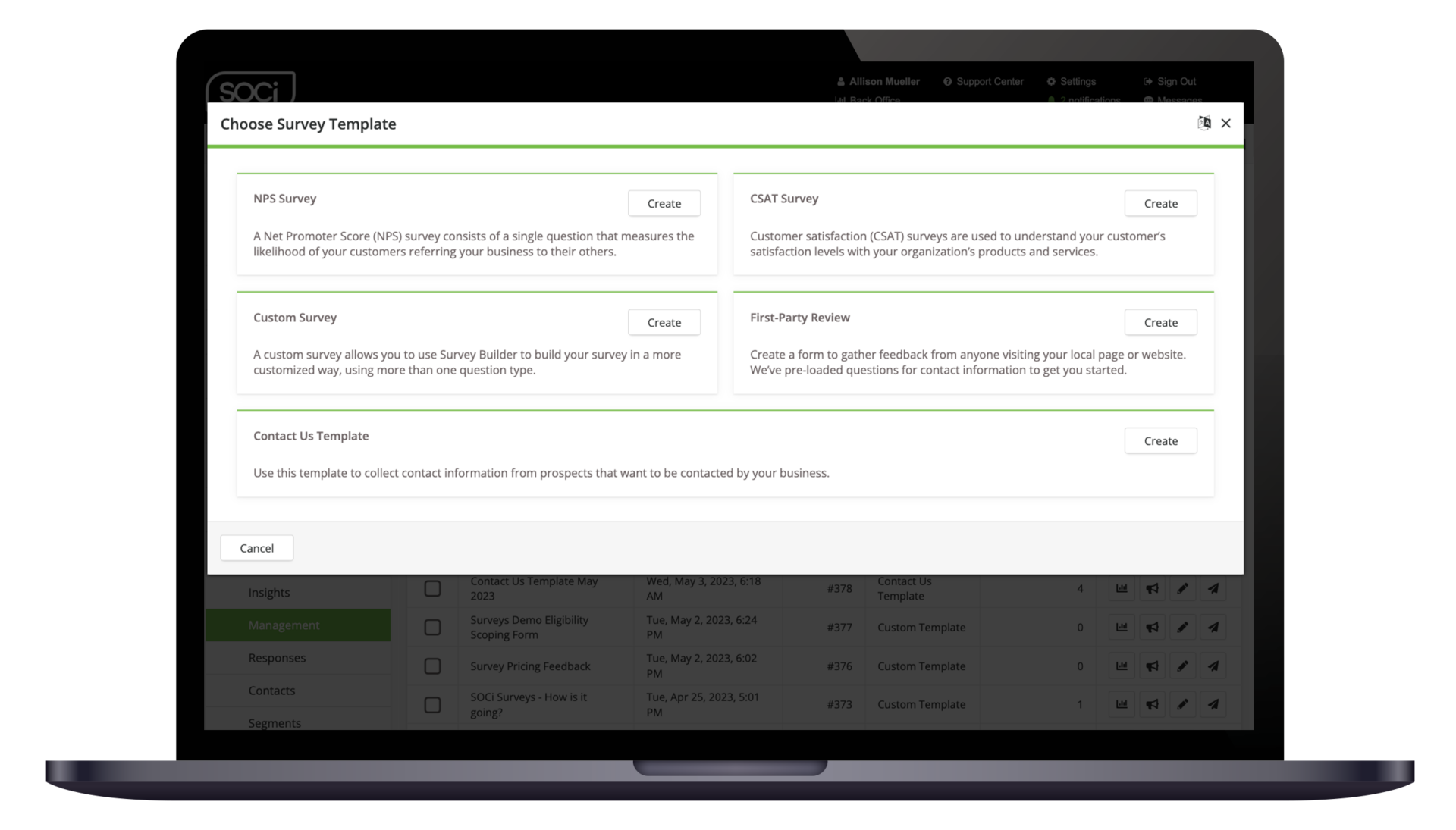 Image of SOCi Surveys Choose Survey Template options overlaid on laptop