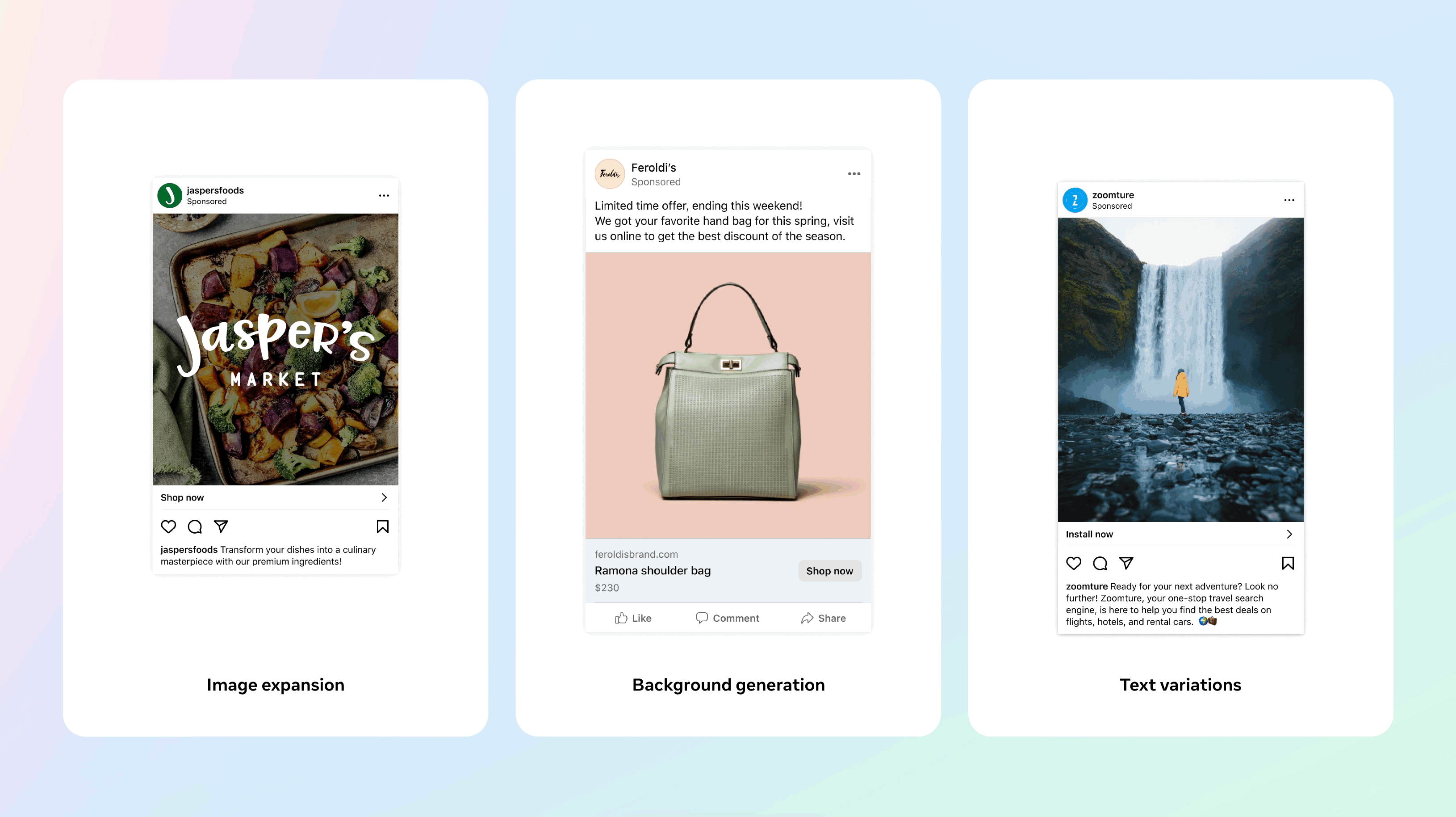 A gif highlighting Meta's three new generative AI features: image expansion, background generation, and text variations