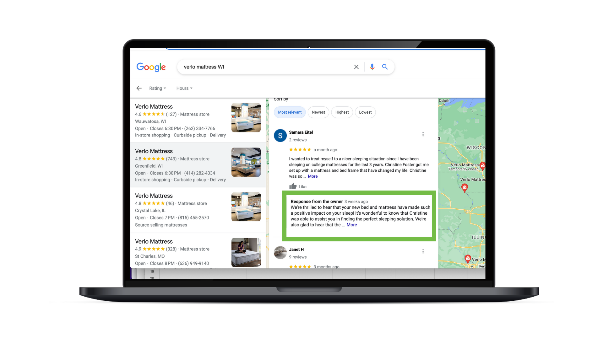 A computer device with an image highlight Verlo Mattress responding to a review in their Google Business Profile