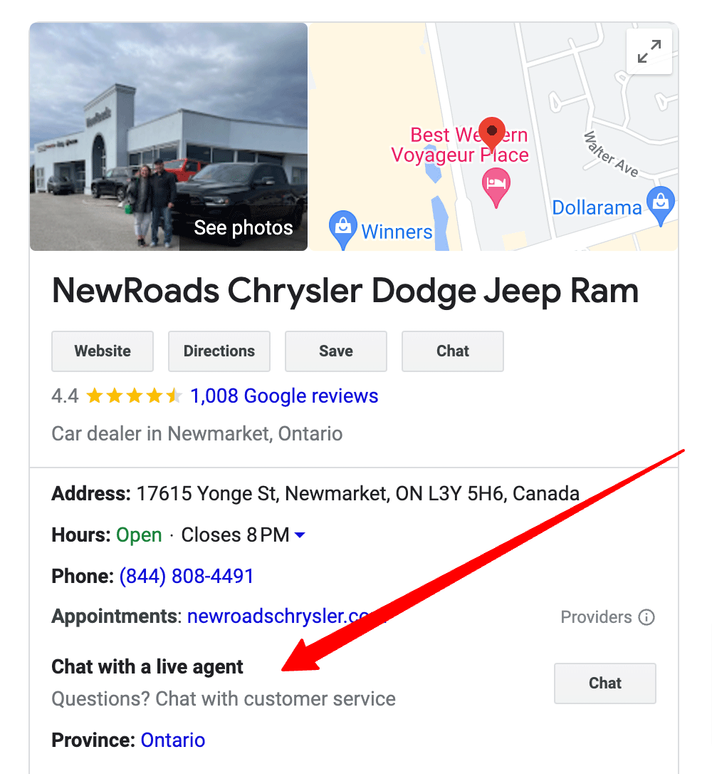 An image of a Chrysler Google Business Profile highlighting the chat functionality