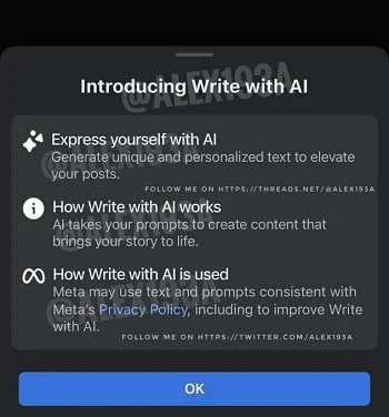 An image showing Meta's "Introducing Write with AI" message and a description of what the tool does