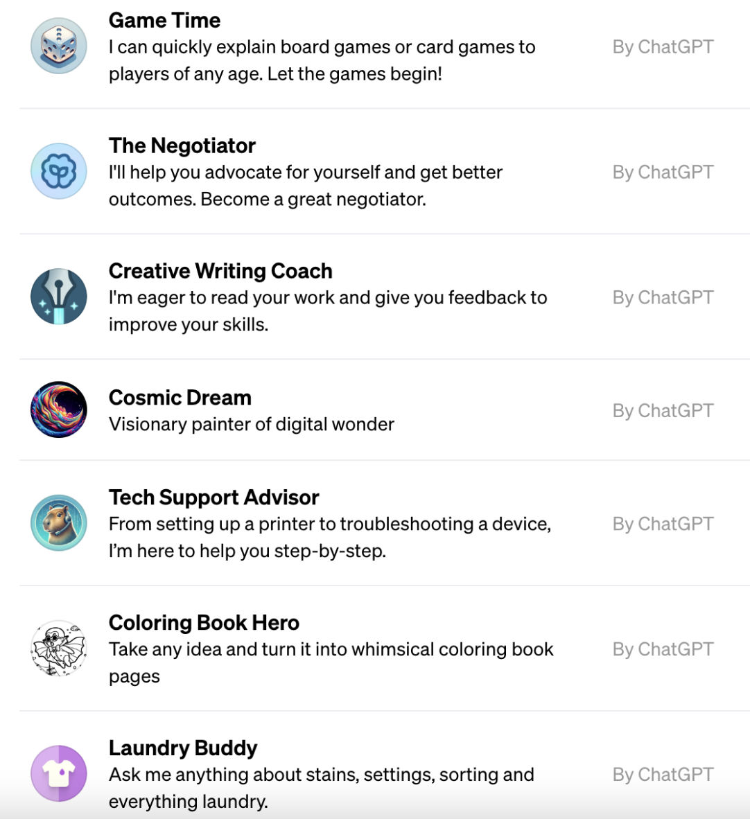 Some of the new agents or “GPTs” now available in the ChatGPT interface