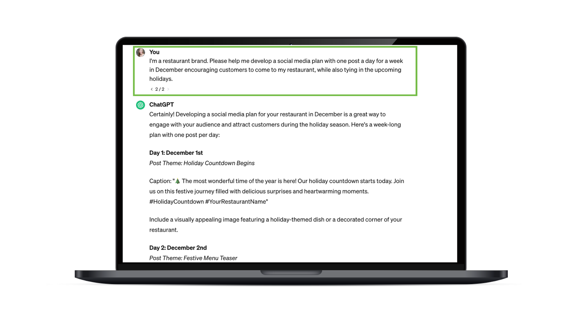An example of a marketer using ChatGPT asking it to help develop a social media plan for a restaurant brand