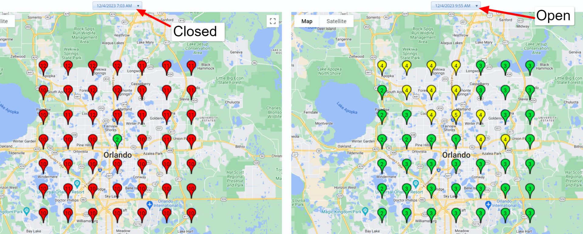 Two maps with local business pins and ranking for keyword rankings as pins left side with red pins and right map with green and yellow