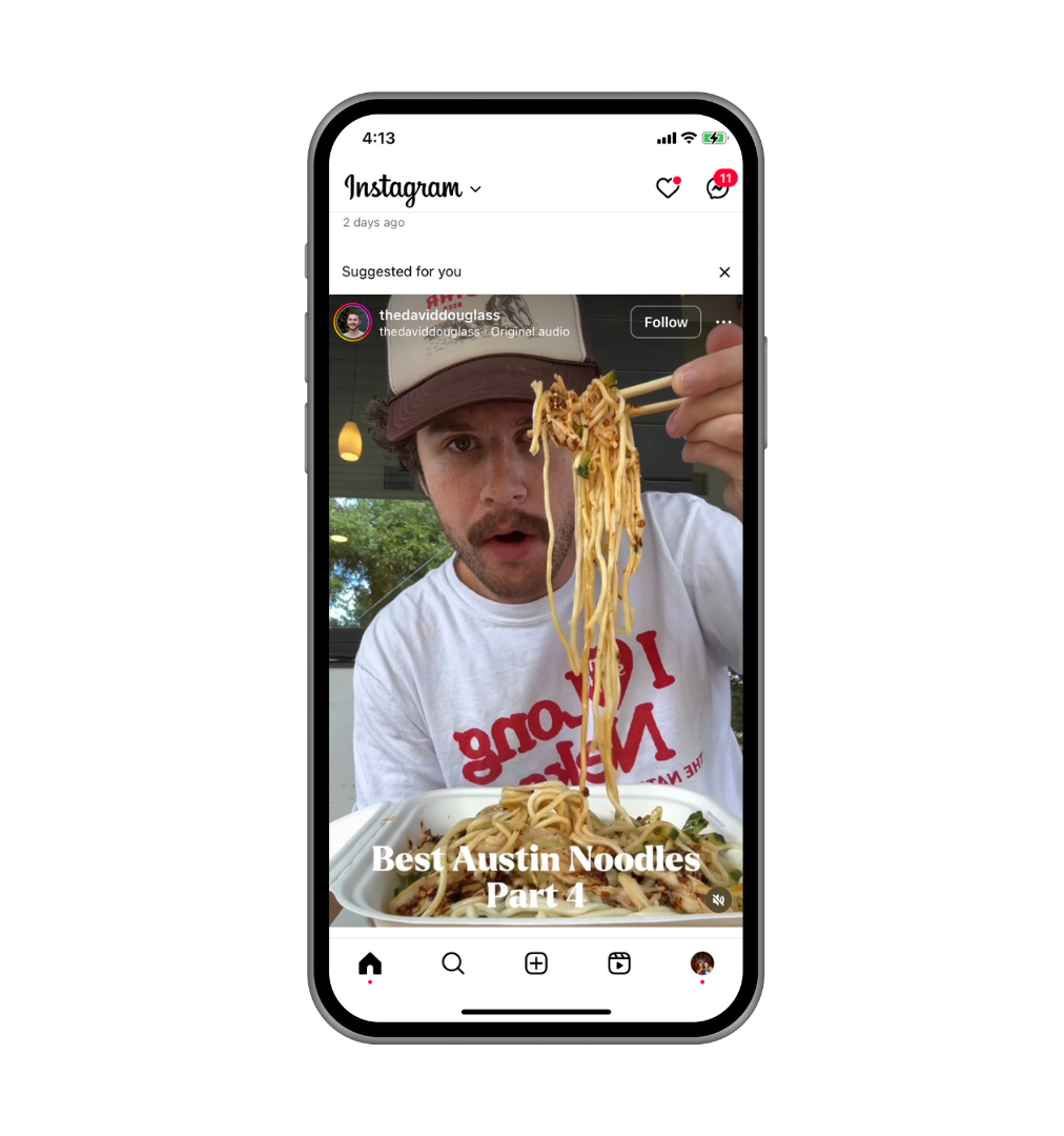 An example of a man on Instagram reviewing noodles he's trying in Austin